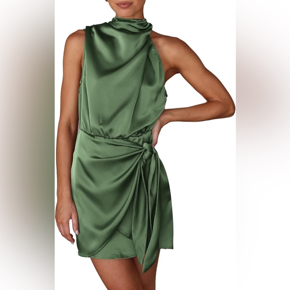 Prettygardan Short Formal Satin Mock Neck Tie Waist Cocktail Party Dress